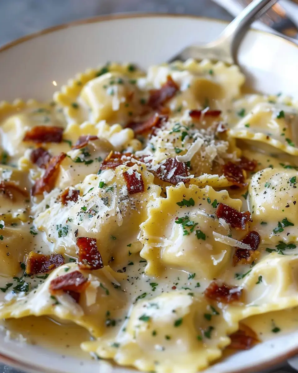 Olive Garden Ravioli Carbonara with Turkey Bacon and Chicken Ham Delight